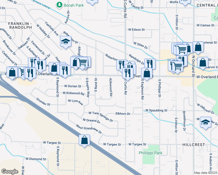 map of restaurants, bars, coffee shops, grocery stores, and more near 1717 South Barlow Lane in Boise
