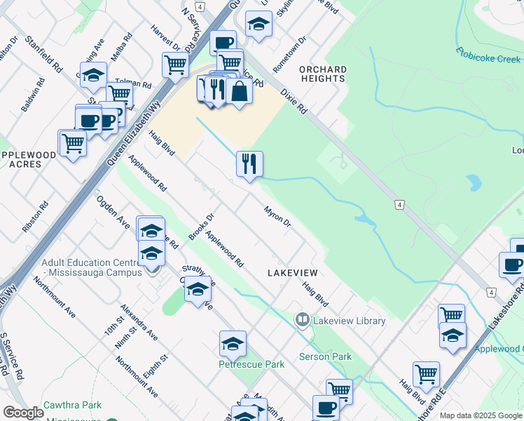 map of restaurants, bars, coffee shops, grocery stores, and more near 1410 Myron Drive in Mississauga