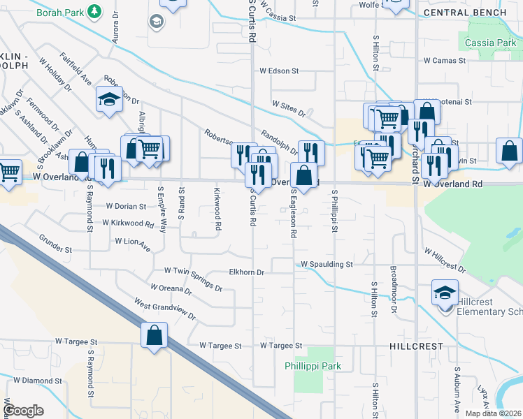 map of restaurants, bars, coffee shops, grocery stores, and more near 1704 South Curtis Road in Boise