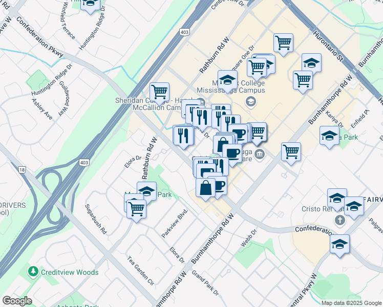 map of restaurants, bars, coffee shops, grocery stores, and more near 392 Prince of Wales Drive in Mississauga