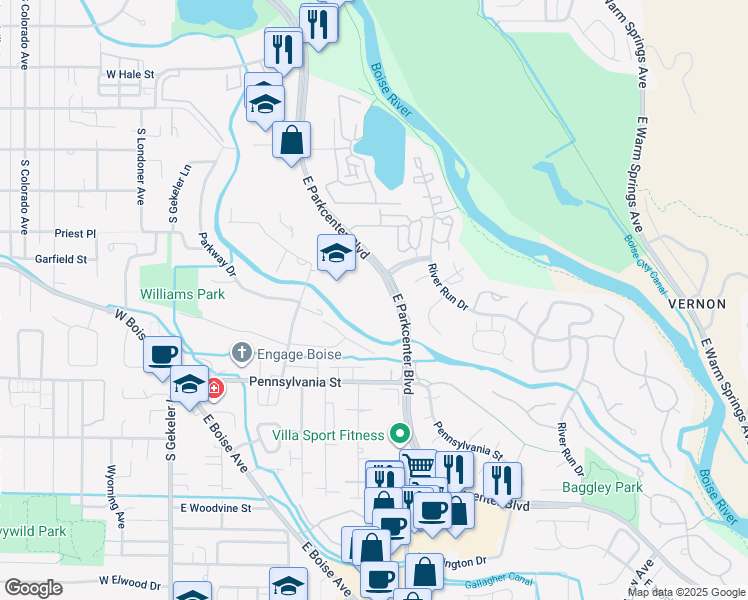 map of restaurants, bars, coffee shops, grocery stores, and more near 739 East Parkcenter Boulevard in Boise