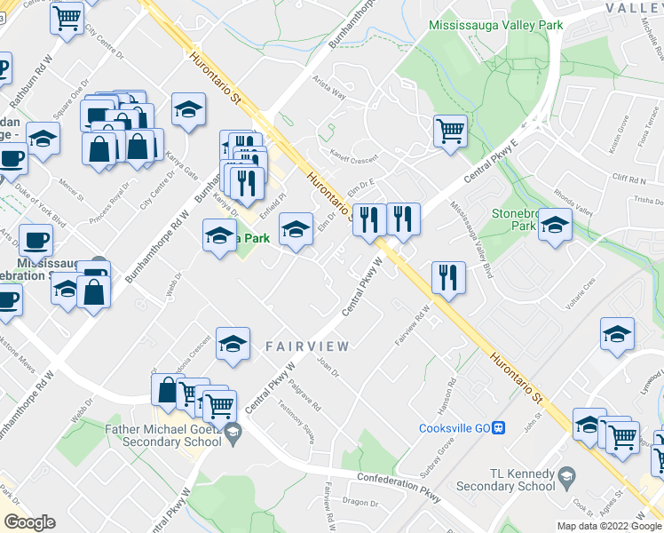 map of restaurants, bars, coffee shops, grocery stores, and more near 3525 Kariya Drive in Mississauga