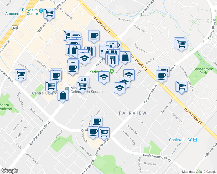map of restaurants, bars, coffee shops, grocery stores, and more near 3590 Joan Drive in Mississauga