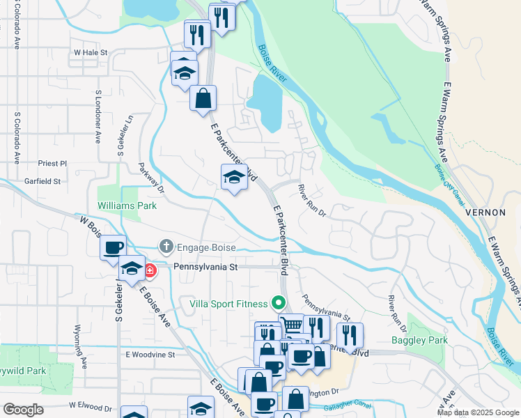 map of restaurants, bars, coffee shops, grocery stores, and more near 739 East Parkcenter Boulevard in Boise