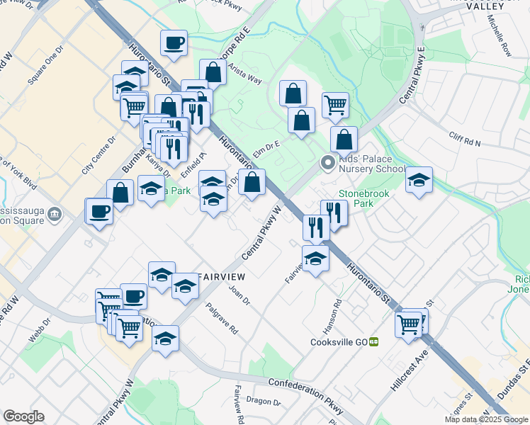map of restaurants, bars, coffee shops, grocery stores, and more near 33 Central Parkway West in Mississauga