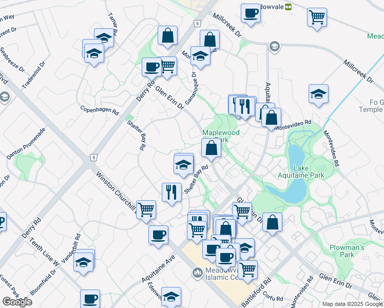 map of restaurants, bars, coffee shops, grocery stores, and more near 6679 Shelter Bay Road in Mississauga
