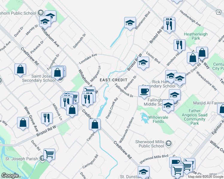 map of restaurants, bars, coffee shops, grocery stores, and more near 5420 Fallingbrook Drive in Mississauga