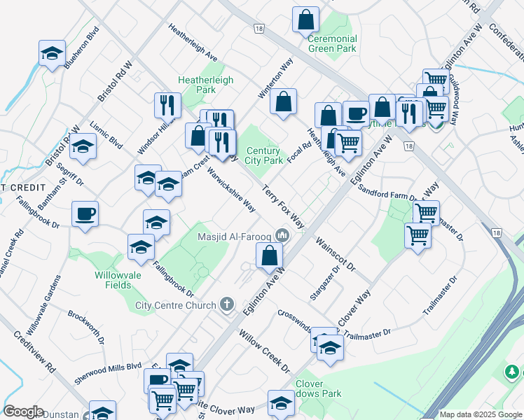 map of restaurants, bars, coffee shops, grocery stores, and more near 5083 Warwickshire Way in Mississauga