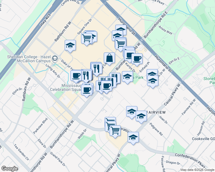 map of restaurants, bars, coffee shops, grocery stores, and more near in Mississauga