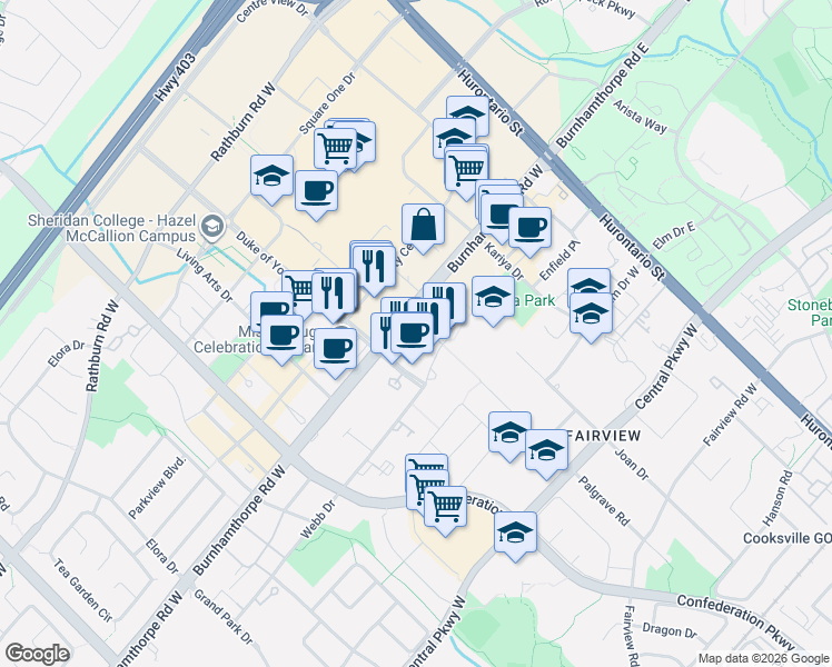 map of restaurants, bars, coffee shops, grocery stores, and more near 220 Burnhamthorpe Road West in Mississauga
