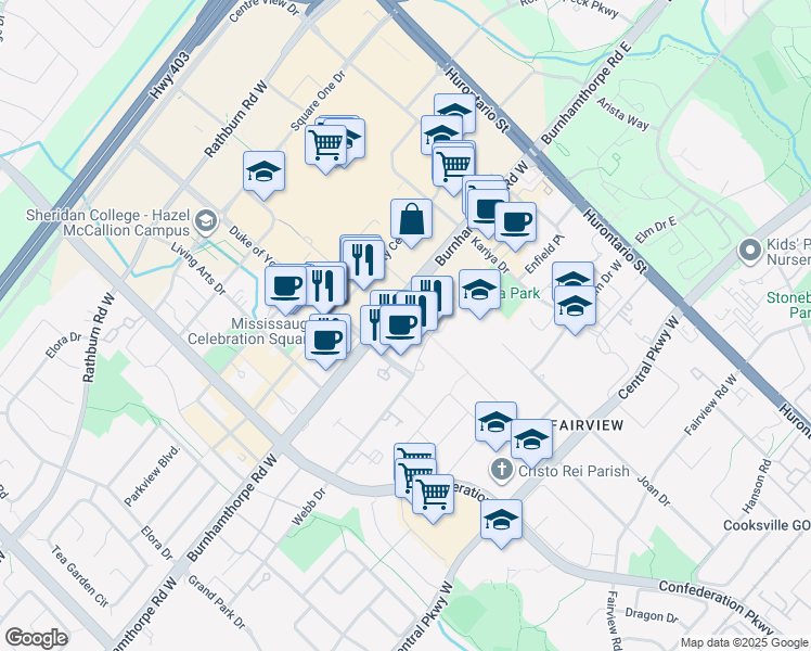 map of restaurants, bars, coffee shops, grocery stores, and more near 220 Burnhamthorpe Road West in Mississauga