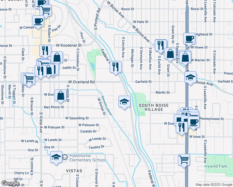 map of restaurants, bars, coffee shops, grocery stores, and more near 1704 South Annett Street in Boise