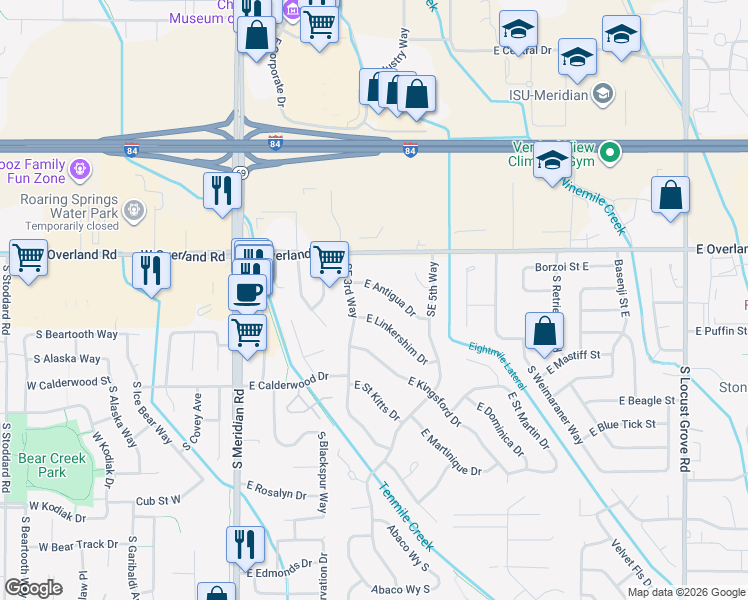 map of restaurants, bars, coffee shops, grocery stores, and more near 520 East Linkershim Drive in Meridian