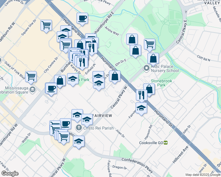 map of restaurants, bars, coffee shops, grocery stores, and more near in Mississauga