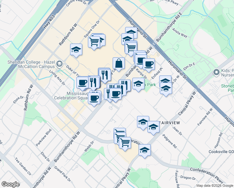 map of restaurants, bars, coffee shops, grocery stores, and more near 3885 Duke of York Boulevard in Mississauga