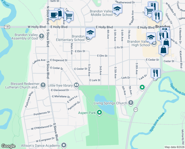 map of restaurants, bars, coffee shops, grocery stores, and more near 501-599 East Beechnut Avenue in Brandon