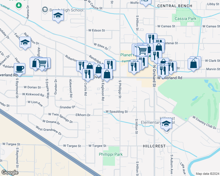 map of restaurants, bars, coffee shops, grocery stores, and more near 1714 South Eagleson Road in Boise