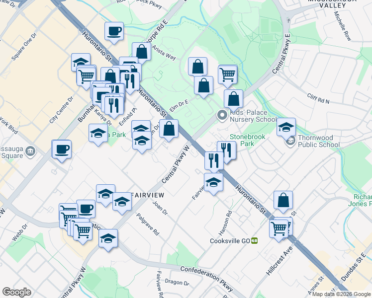 map of restaurants, bars, coffee shops, grocery stores, and more near 30 Central Parkway West in Mississauga