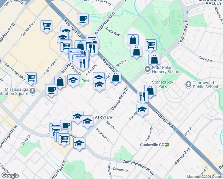 map of restaurants, bars, coffee shops, grocery stores, and more near 3525 Kariya Drive in Mississauga