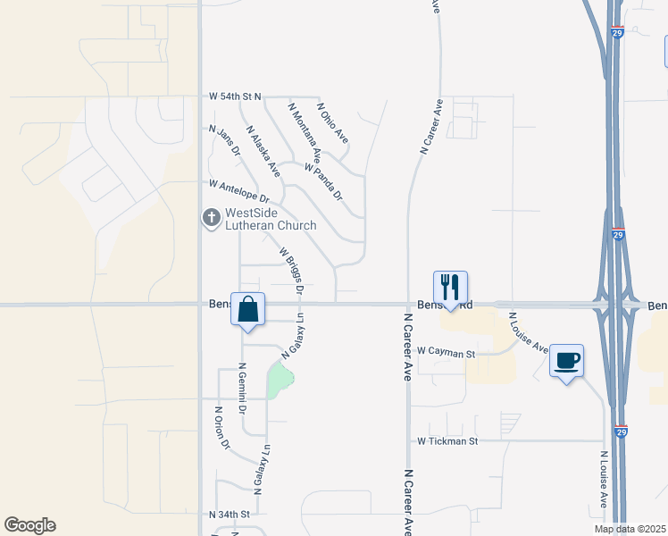 map of restaurants, bars, coffee shops, grocery stores, and more near 4398 West Antelope Drive in Sioux Falls
