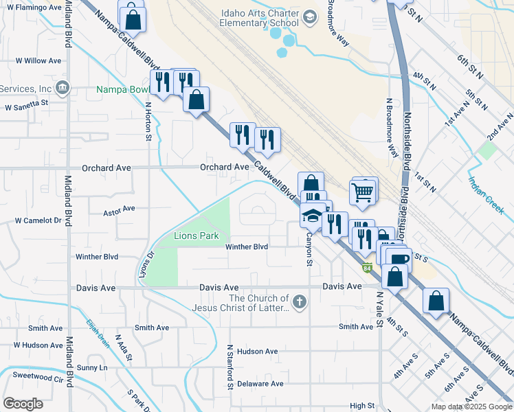 map of restaurants, bars, coffee shops, grocery stores, and more near Park Lane in Nampa