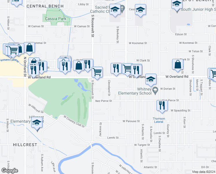 map of restaurants, bars, coffee shops, grocery stores, and more near 1683 Cleveland Street in Boise