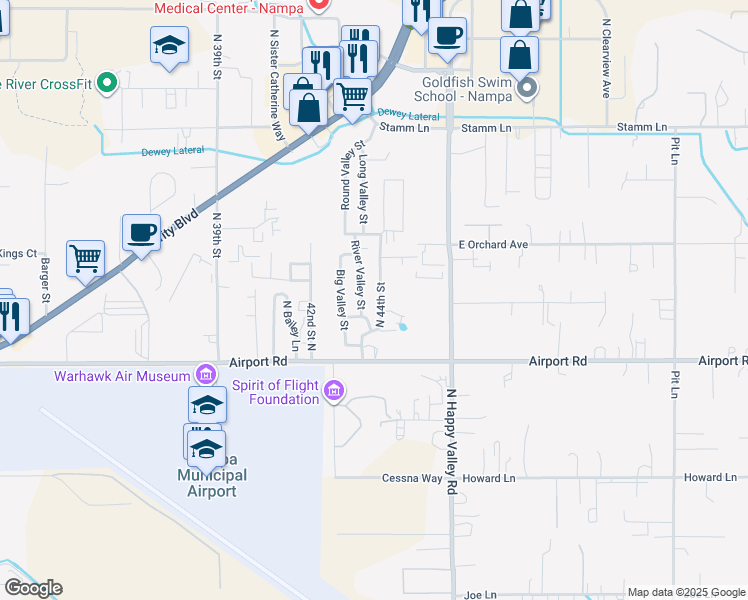 map of restaurants, bars, coffee shops, grocery stores, and more near 503 North 44th Street in Nampa