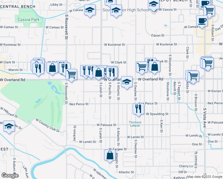 map of restaurants, bars, coffee shops, grocery stores, and more near 1703 South Pacific Street in Boise