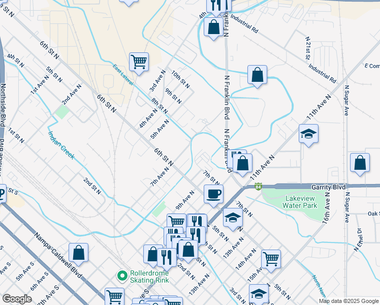 map of restaurants, bars, coffee shops, grocery stores, and more near 708 7th Avenue North in Nampa