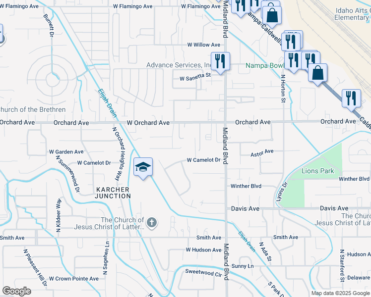 map of restaurants, bars, coffee shops, grocery stores, and more near 1307 West Roberts Place in Nampa