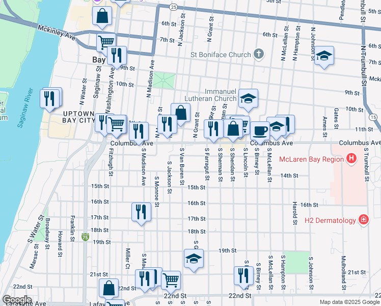 map of restaurants, bars, coffee shops, grocery stores, and more near 911 13th Street in Bay City