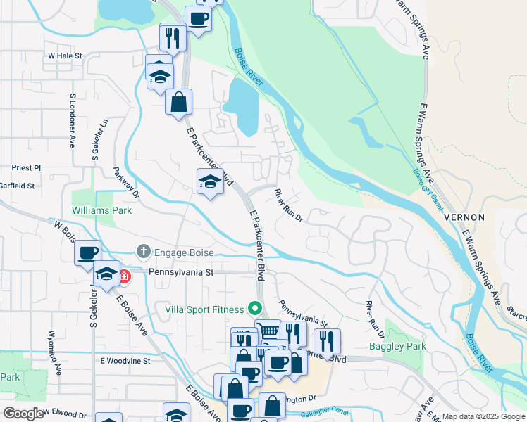 map of restaurants, bars, coffee shops, grocery stores, and more near 1928 Tallwood Lane in Boise