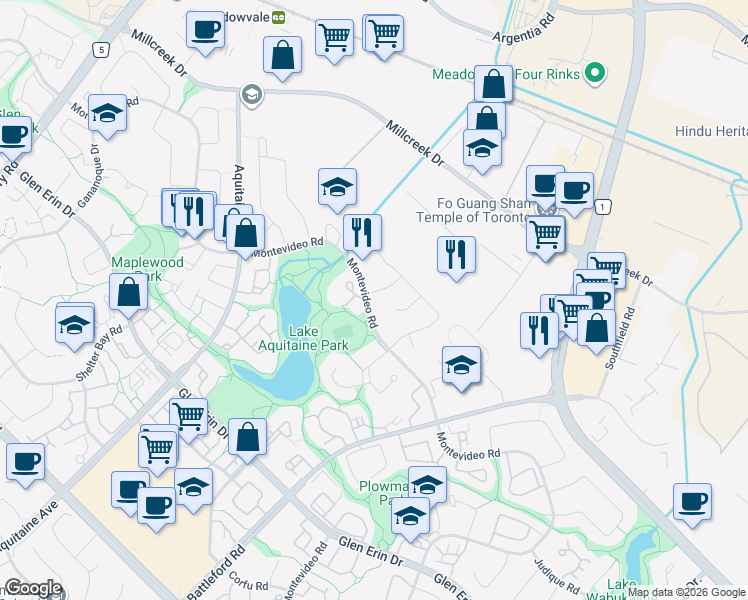 map of restaurants, bars, coffee shops, grocery stores, and more near in Mississauga