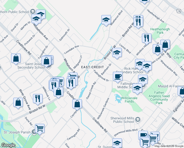 map of restaurants, bars, coffee shops, grocery stores, and more near 5420 Fallingbrook Drive in Mississauga