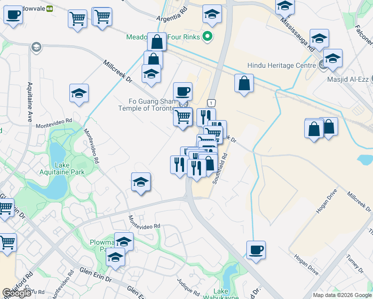 map of restaurants, bars, coffee shops, grocery stores, and more near 2420 Surveyor Road in Mississauga