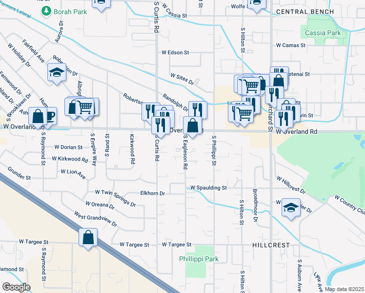 map of restaurants, bars, coffee shops, grocery stores, and more near 5619 West Dorian Lane in Boise
