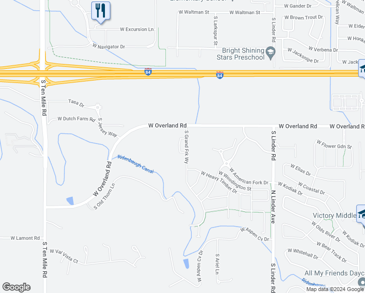 map of restaurants, bars, coffee shops, grocery stores, and more near 1703 South Grand Fork Way in Meridian
