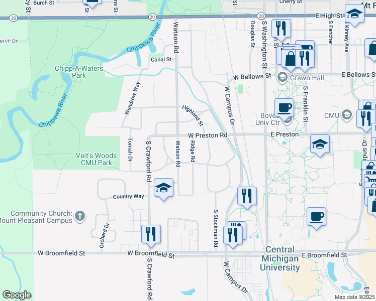 map of restaurants, bars, coffee shops, grocery stores, and more near 1343 Watson Road in Mount Pleasant