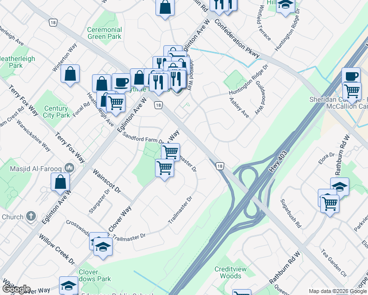 map of restaurants, bars, coffee shops, grocery stores, and more near in Mississauga