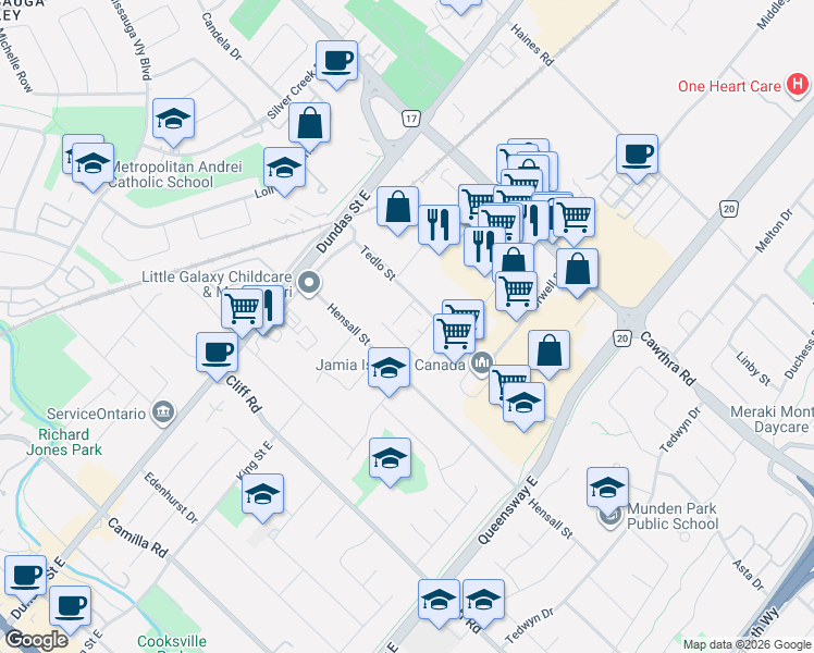 map of restaurants, bars, coffee shops, grocery stores, and more near 2480 Tedlo Street in Mississauga