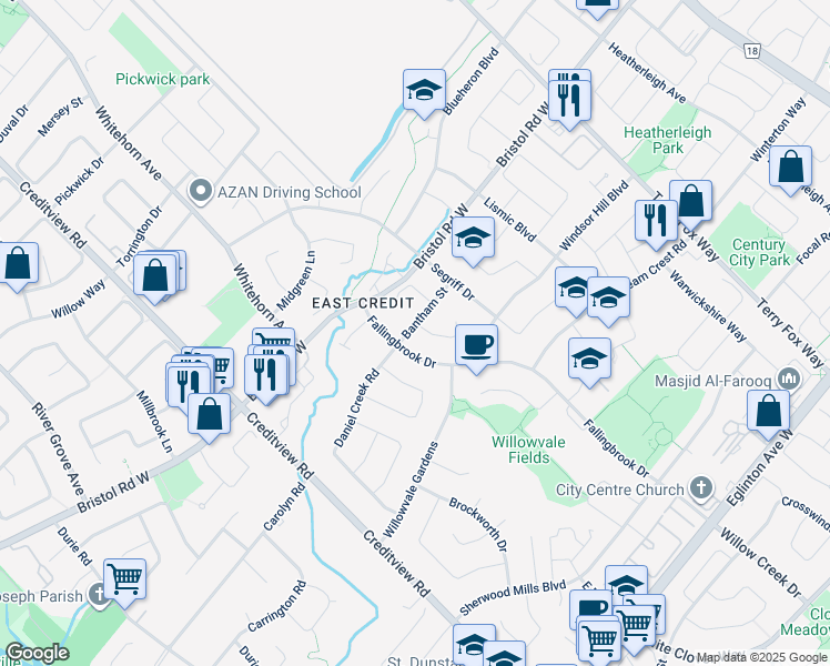 map of restaurants, bars, coffee shops, grocery stores, and more near 5365 Fallingbrook Drive in Mississauga