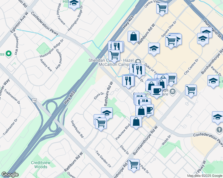 map of restaurants, bars, coffee shops, grocery stores, and more near 350 Rathburn Road West in Mississauga