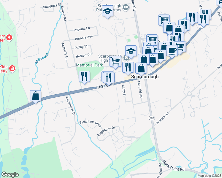 map of restaurants, bars, coffee shops, grocery stores, and more near 264 State Route 9 in Scarborough