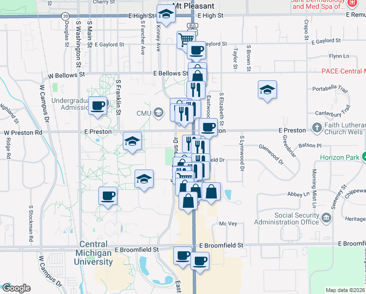 map of restaurants, bars, coffee shops, grocery stores, and more near 1418 South Mission Street in Mount Pleasant