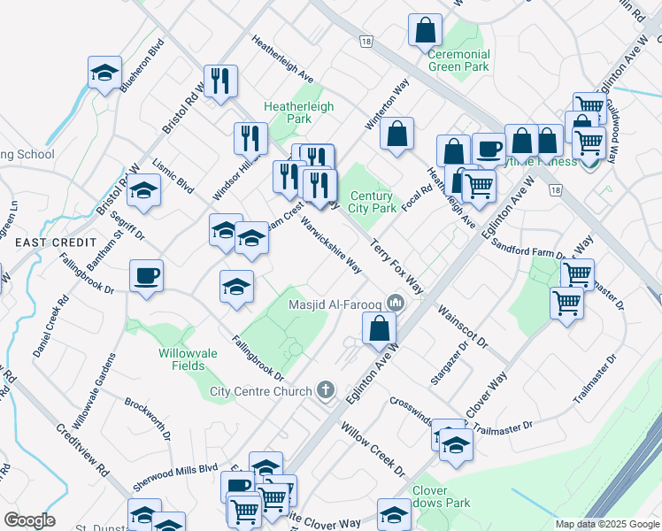 map of restaurants, bars, coffee shops, grocery stores, and more near 1157 Charminster Crescent in Mississauga