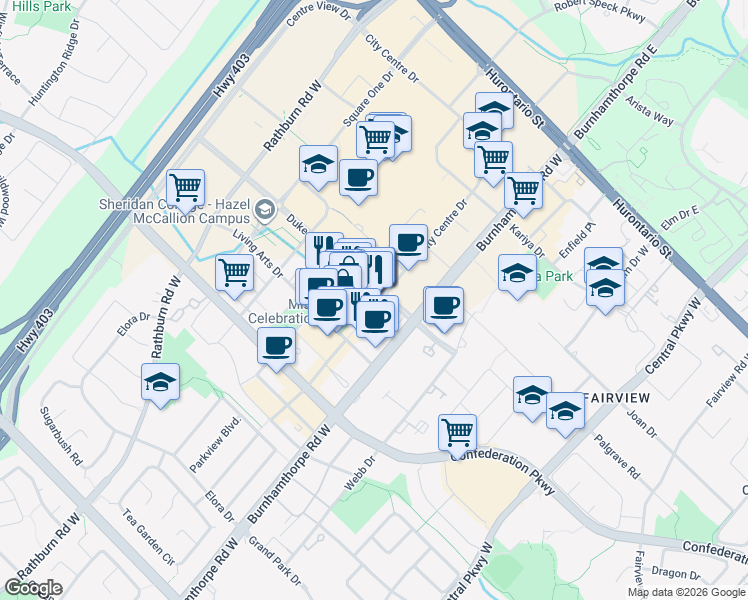 map of restaurants, bars, coffee shops, grocery stores, and more near 100 City Centre Drive in Mississauga