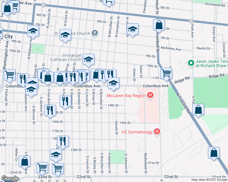 map of restaurants, bars, coffee shops, grocery stores, and more near 1624 Columbus Avenue in Bay City