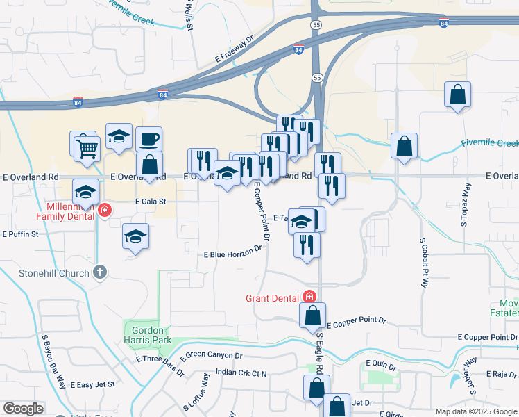 map of restaurants, bars, coffee shops, grocery stores, and more near 1937 South Bonito Way in Meridian
