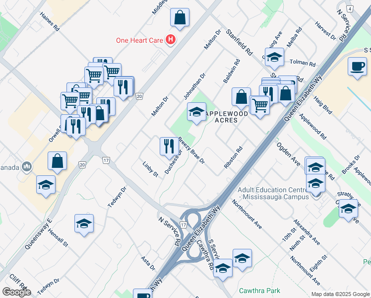 map of restaurants, bars, coffee shops, grocery stores, and more near 2128 Breezy Brae Drive in Mississauga