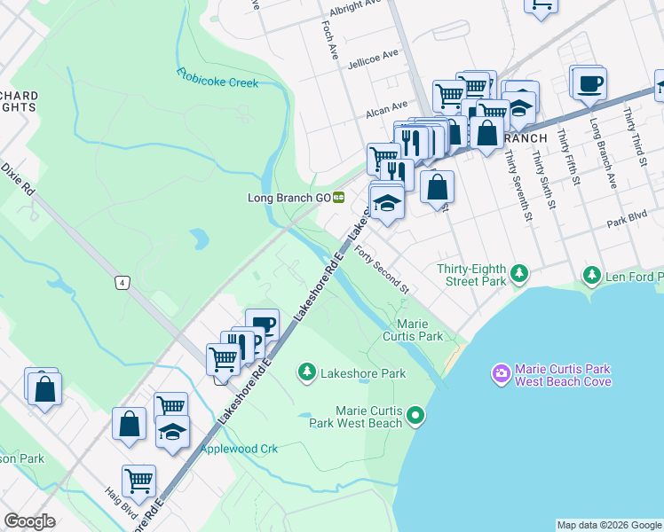 map of restaurants, bars, coffee shops, grocery stores, and more near Lakeshore Road East in Mississauga